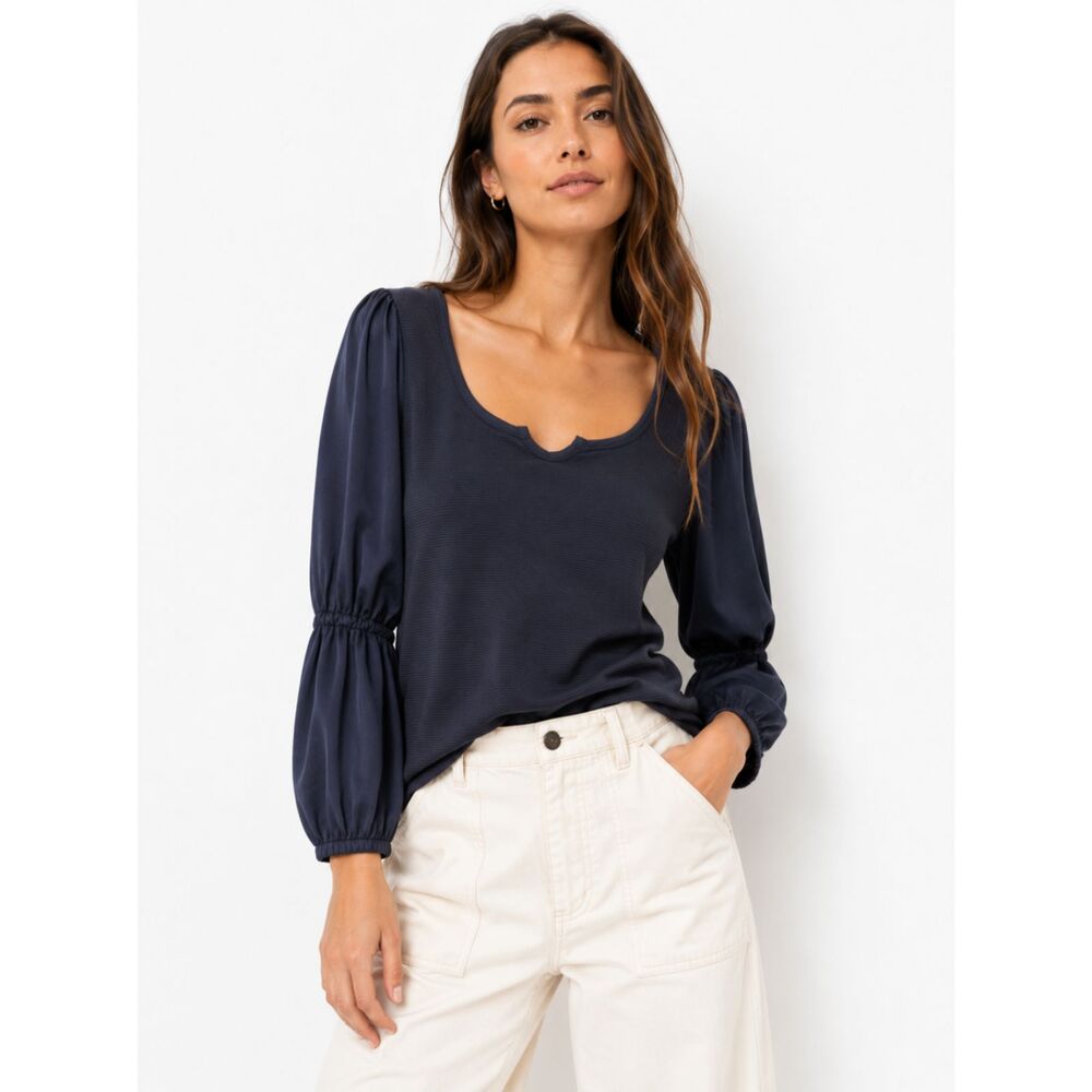 Anthropologie Maeve Blue Ribbed Puff Sleeve Scoop Neck Coquette Soft Girl Top M